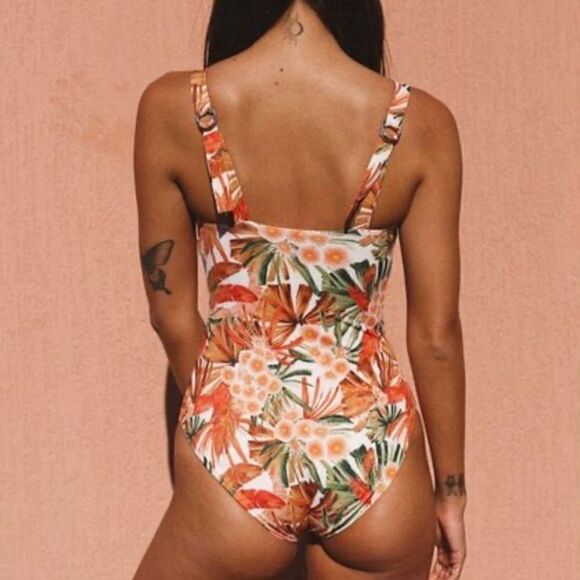 Tropical Print One-Piece Maillot Swimsuit, Orange - Picture 2 of 11